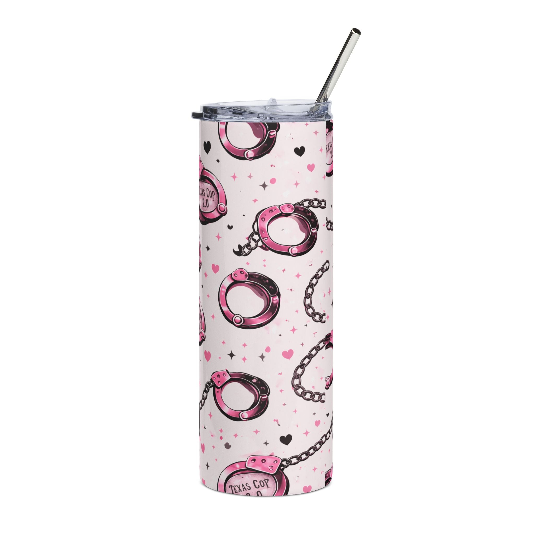 20oz Stainless Tumbler — Pink Handcuffs Pattern, 'Titus Cop 2.0' Novelty Travel Cup