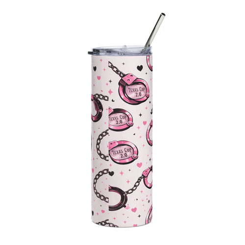20oz Stainless Tumbler — Pink Handcuffs Pattern, 'Titus Cop 2.0' Novelty Travel Cup