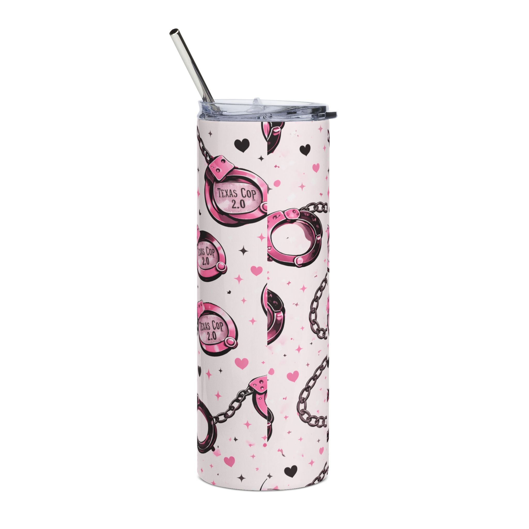 20oz Stainless Tumbler — Pink Handcuffs Pattern, 'Titus Cop 2.0' Novelty Travel Cup